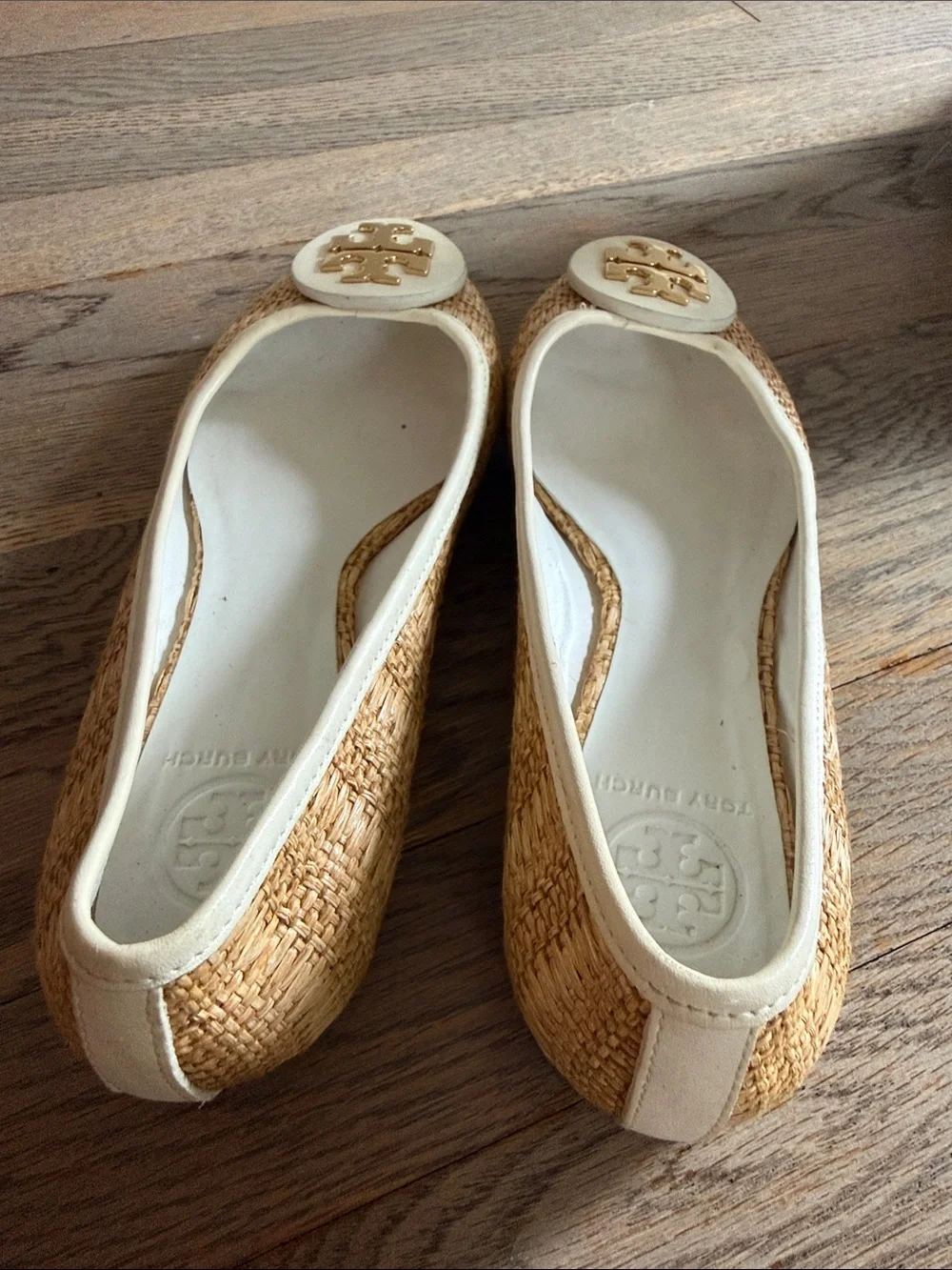 Tory Burch Natural Raffia Ballet Flats with Cream Trim & Gold Logo Medallions